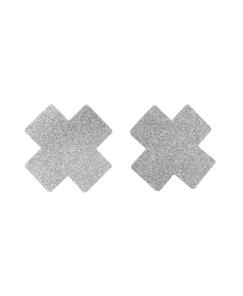 Paire de cache tétons adhésifs croix pailletée blanc 
